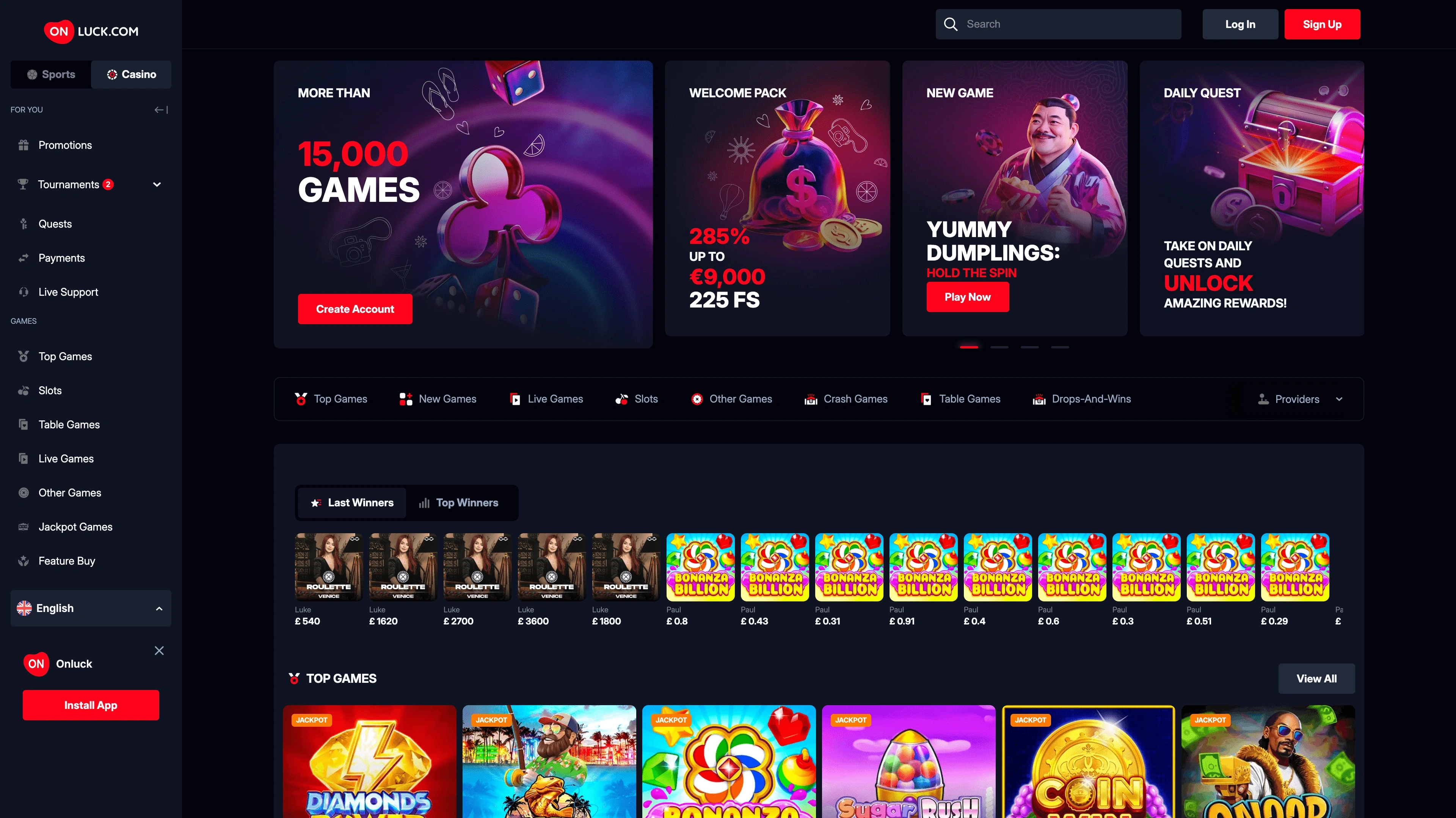 OnLuck Casino Main Page